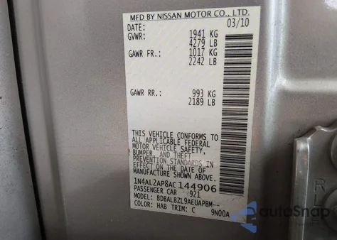 2010 Nissan Altima 2.5 S z USA, uszkodzony, nr VIN 1N4AL2AP8AC144906